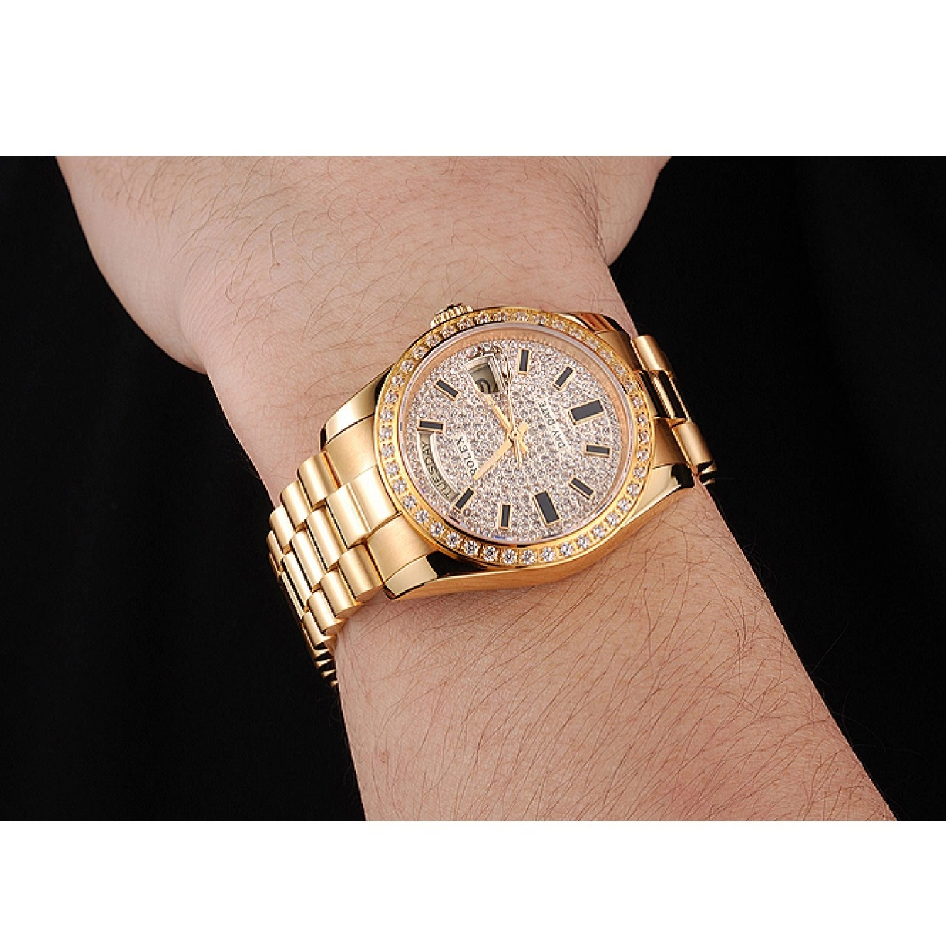 MiroTime 0811 Swiss Rolex Day Date Diamond Pave Dial And Bezel Gold Case And Bracelet